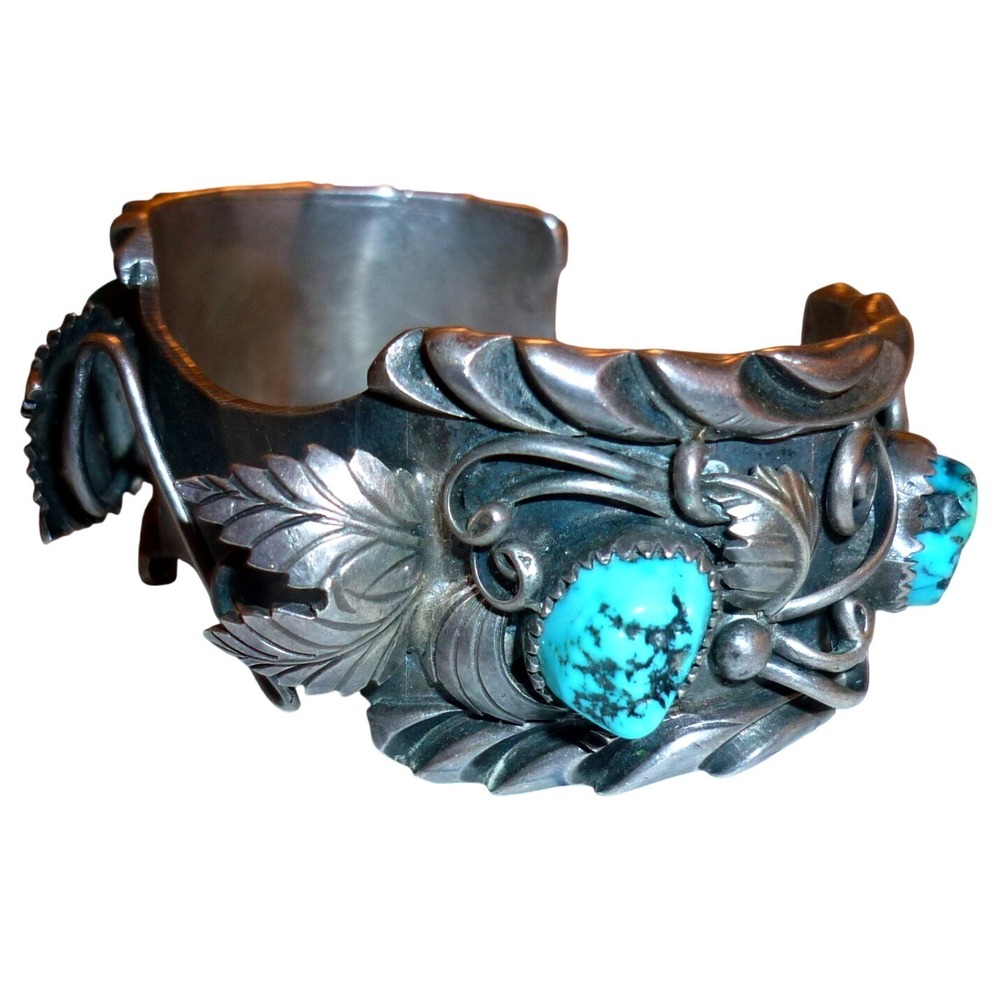 Vintage Navajo Sterling Silver Turquoise Watch Cuff Bracelet JB Heavy 73g Leaf